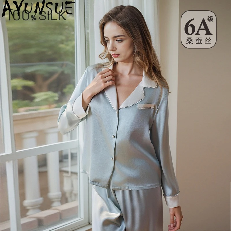 AYUNSUE 19Mm 100% Mulberry Silk Sleepwear Women 2026 Summer Clothes Pajama Set Long Sleeve Top Casual Pants Sets Pijama Feminino