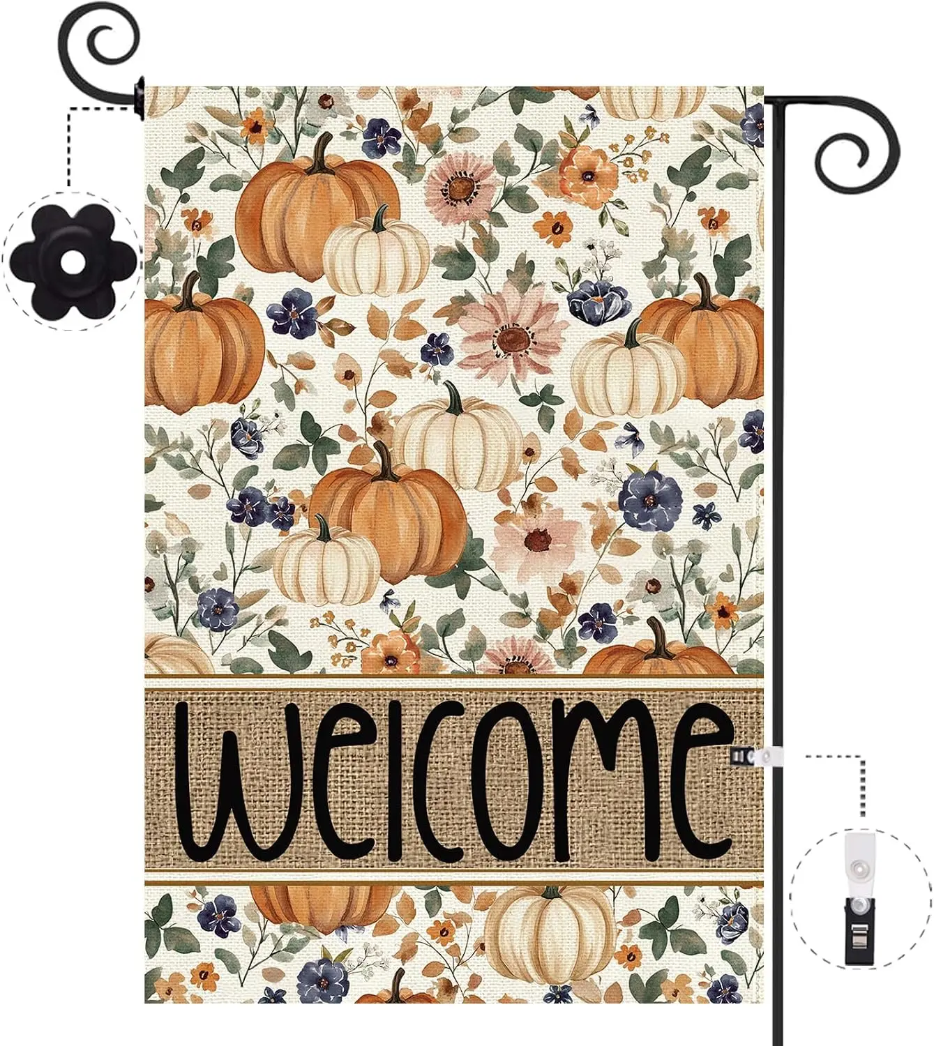 Fall Garden Flag 12.5 x 18 Inch, Pumpkin Floral Double Sided Burlap Welcome Small Yard Flag Autumn Thanksgiving Holiday Lawn kkz