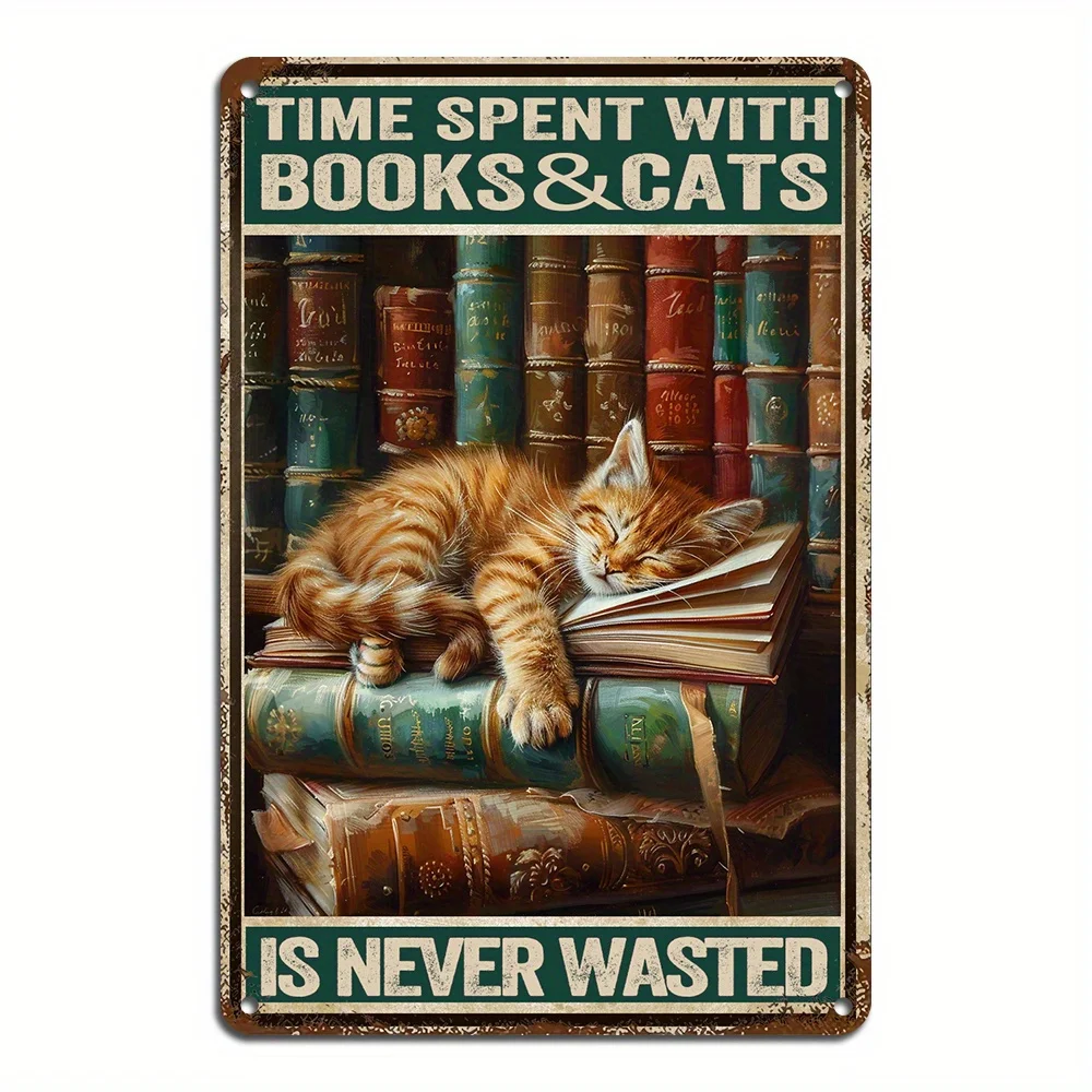 Vintage Aluminum Wall Art - Time Spent with Books & Cats is Never Wasted Metal Sign Waterproof, Weather-Resistant Home Bar