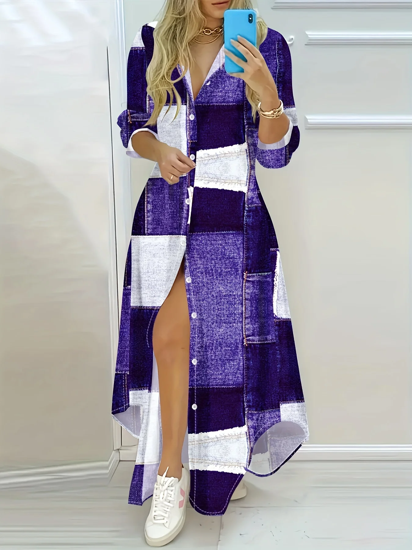 Langes Kleid mit lila Denim-Print, Urlaubsstil, lässig, Sommer, Damen, A-Linie, Midikleid, lockere Passform, modisches, trendiges Outfit