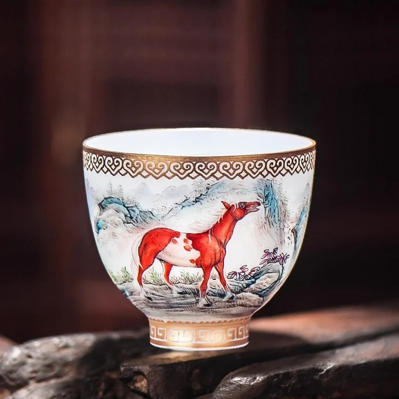 Hand drawn Pink Horse Tea Cup Master Cup Kung Fu Tea Set Tea Bowl Gift