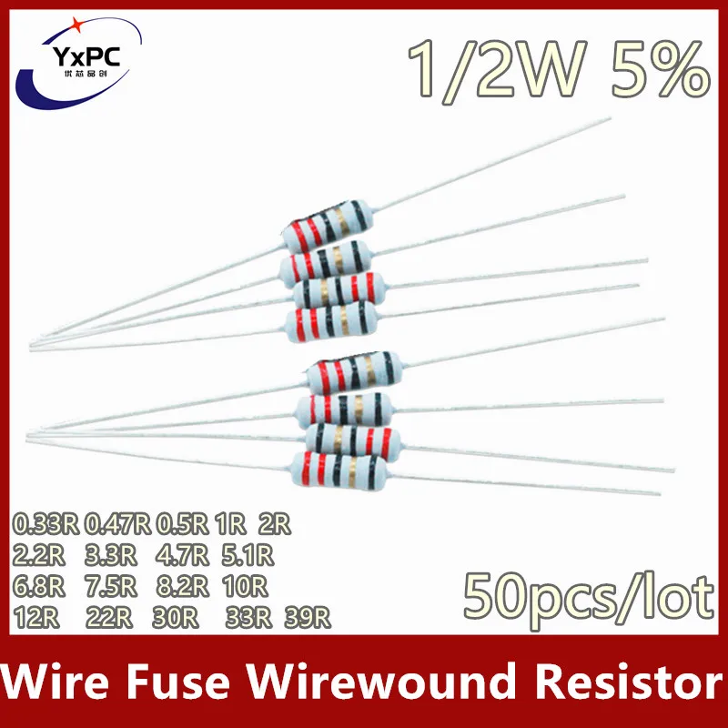 

20pcs 1/2W Wire Fuse Wirewound Resistor 5% 0.33R 0.47R 0.5R 1R 2R 2.2R 3.3R 4.7R 5.1R 6.8R 7.5R 8.2R 10R 12R 22R 30R 33R 39R