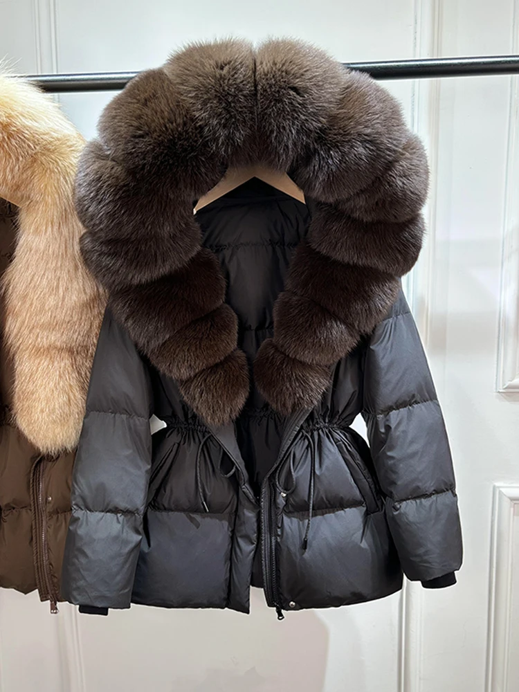2026 New Winter Real Natural Fox Fur Collar Thick Wam Puffer Jacket Women Hooded Belt Slim White Duck Down Coat Waterproof Parka