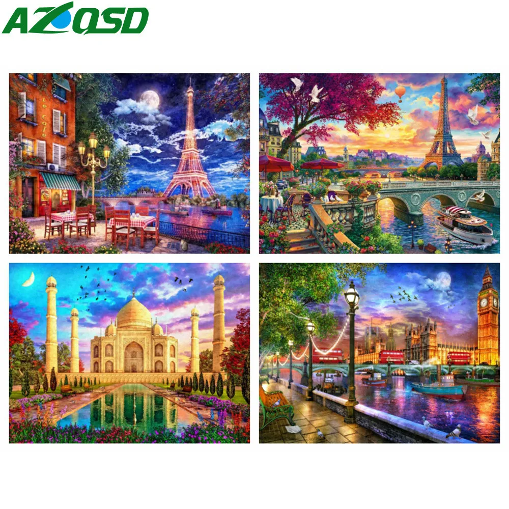 AZQSD diamond painting city street night landscape 30x40cm home decor embroidery scenery bridge house needlework art