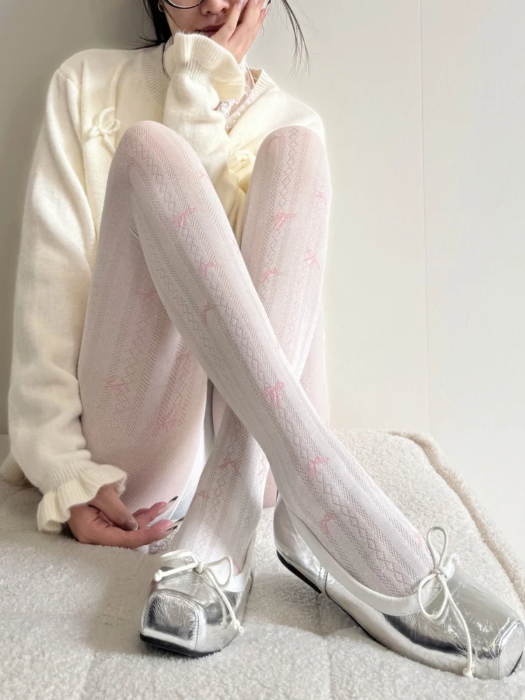 

Осень-зима, японские стильные жаккардовые колготки в вертикальную полоску с бантом, тонкие утягивающие универсальные базовые колготки для женщин