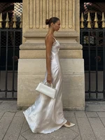 Sexy Women V-neck Satin Sling Maxi Dress Chic White Lace Patchwork Sleeveless Backless Slim Gowns Summer Evening Party Dresses - Image 2