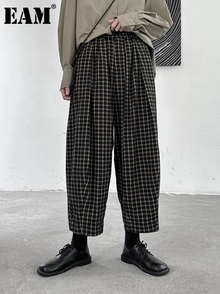 

[EAM] High Elastic Waist Khaki Plaid Long Wide Leg Pants New Loose Fit Trousers Women Fashion Tide Spring Autumn 2024 1DH1411