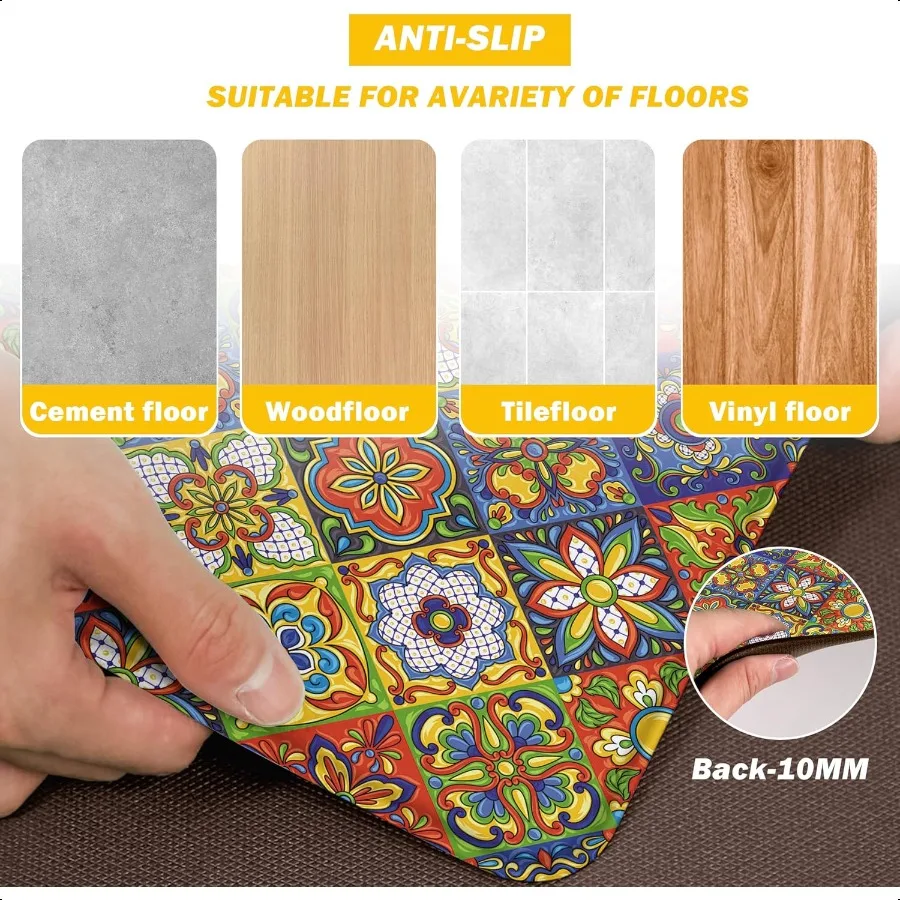 Boho Kitchen Rugs Set 2 Memory Foam Colorful Ceramic Comfort Tile Floor Mat Anti Fatigue Noid PVC Runner Rug Water Oil Proof Ca