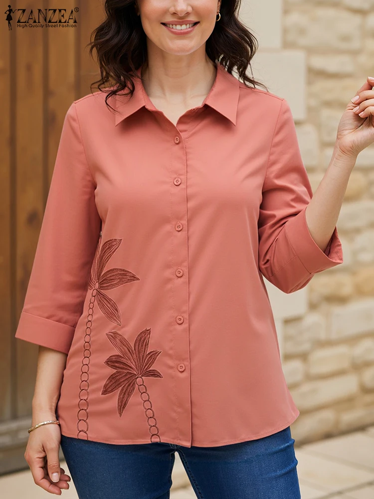 2025ZANZEA Herfst Shirts Vrouwen Bloemen Geborduurde Blouse Casual V-hals 3/4 Mouw Knoppen Blusas Vrouwelijke OL Werk Tops