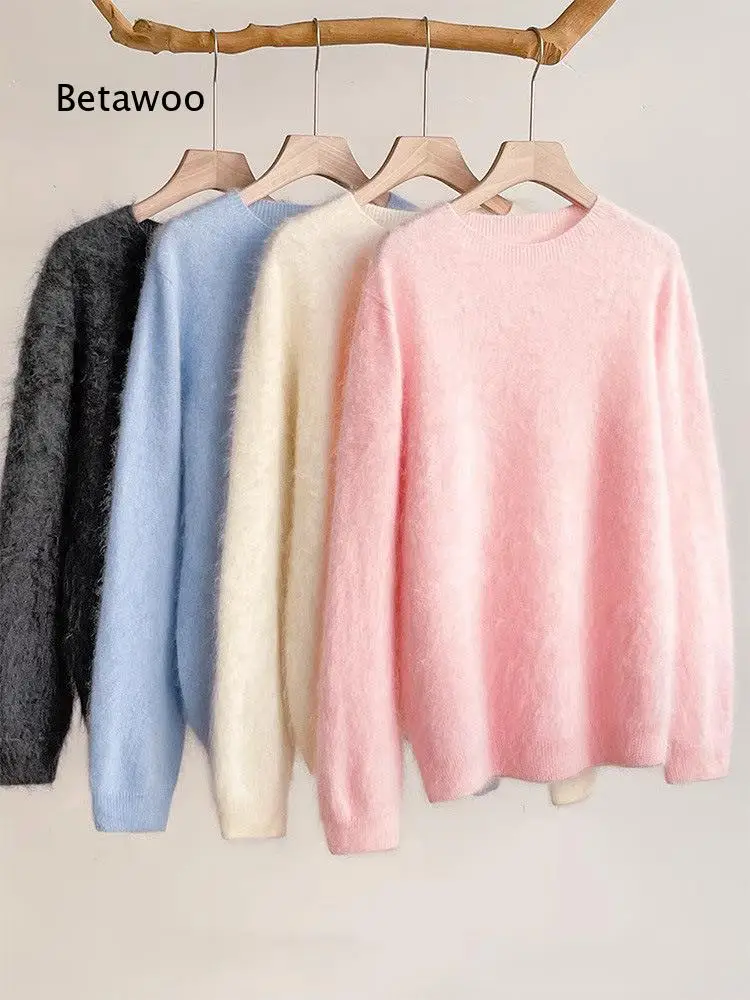 Women Fleece Lined Wool Sweater With 5 Percent Cashmere Crew Neck V Neck Seamless Brushed Knit Pullover Top For Autumn Winter D
