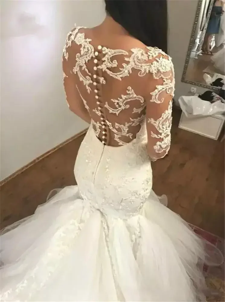 Customized Beauty V Neck Plus Size  Appliques Trumpet  Bridal Gowns Sweep Train Lace Long Sleeve  Wedding Dresses