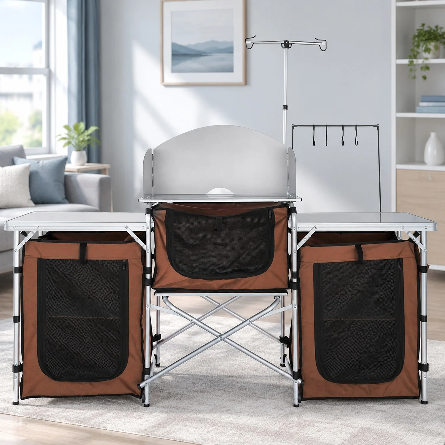 Camping Kitchen Table, Folding Outdoor Cooking with Storage Carrying Bag, Aluminum Station 3 Cupboard & Detachable Windscreen