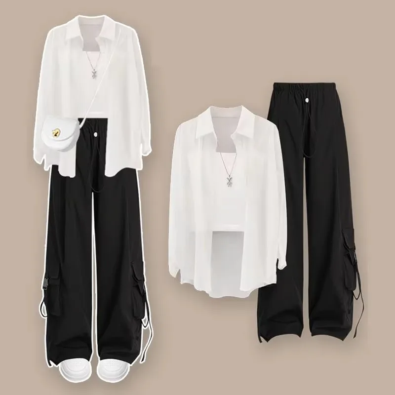 

Girl's 2025 Spring/Summer New Casual Sportswear Matching Set Korean Elegant Chiffon Shirt+Strap+Loose Cargo Pants 3-Piece Suit