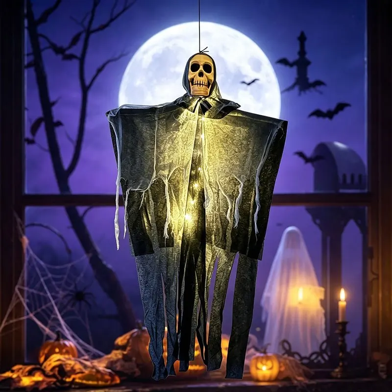 Halloween LED-Hängegeister-Skelett-Dekorationen, leuchtende Sensenmann-Schädel-Ornamente, gruselige fliegende Geisterlichter für Zuhause – Detail 5
