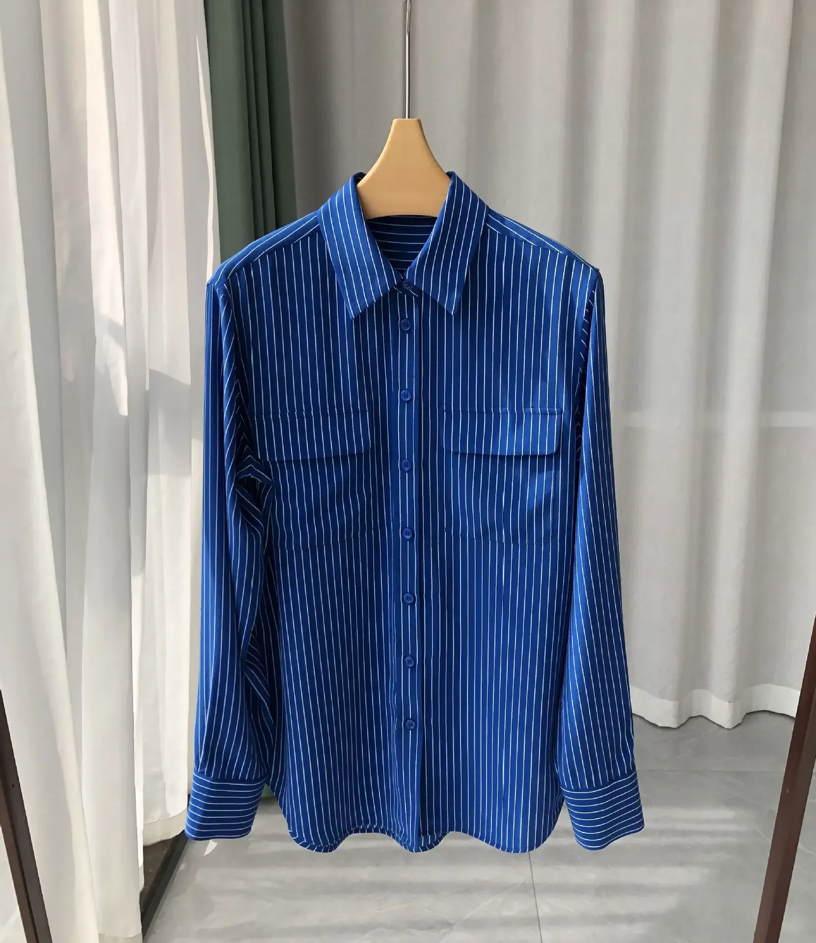 Blue Stripes Sand Washed 100% Silk Shirt Long Sleeve Women Autumn Shirts & Blouses Button Down Blouse Ladies Work Office Top