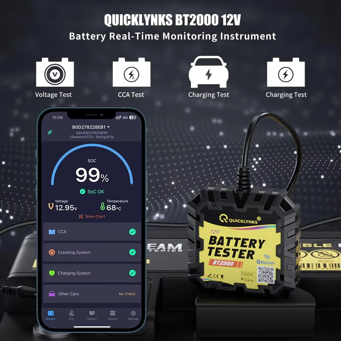 QUICKLYNKS BT2000 OBD2 Bluetooth Diagnostic Tools for 12V Battery Monitor Battery Cranking&Charging CCA Batteries OBDII Tester