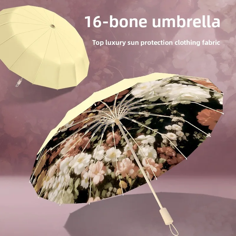 Oil Painting Style16-Fold Folding Umbrella-Large Compact Travel Parasol for Sun&Rain-Vintage Sun Protection UV Foldable Umbrella