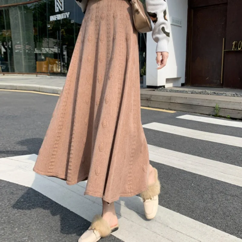 Elegant Fashion Pleated Knitted A-Line Maxi Skirts Women Winter Preppy Casual Big Swing Sweater High Waist Pleated Long Skirts