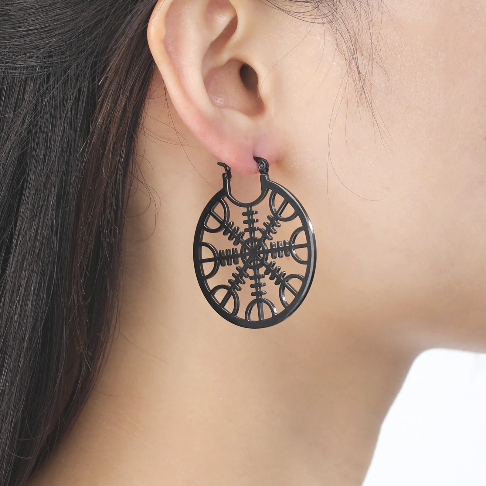 LIKGREAT Nordic Vegvisir Compass Earrings Stainless Steel Norse Runes Moon Wicca Pagan Talisman Jewelry Gift for Women