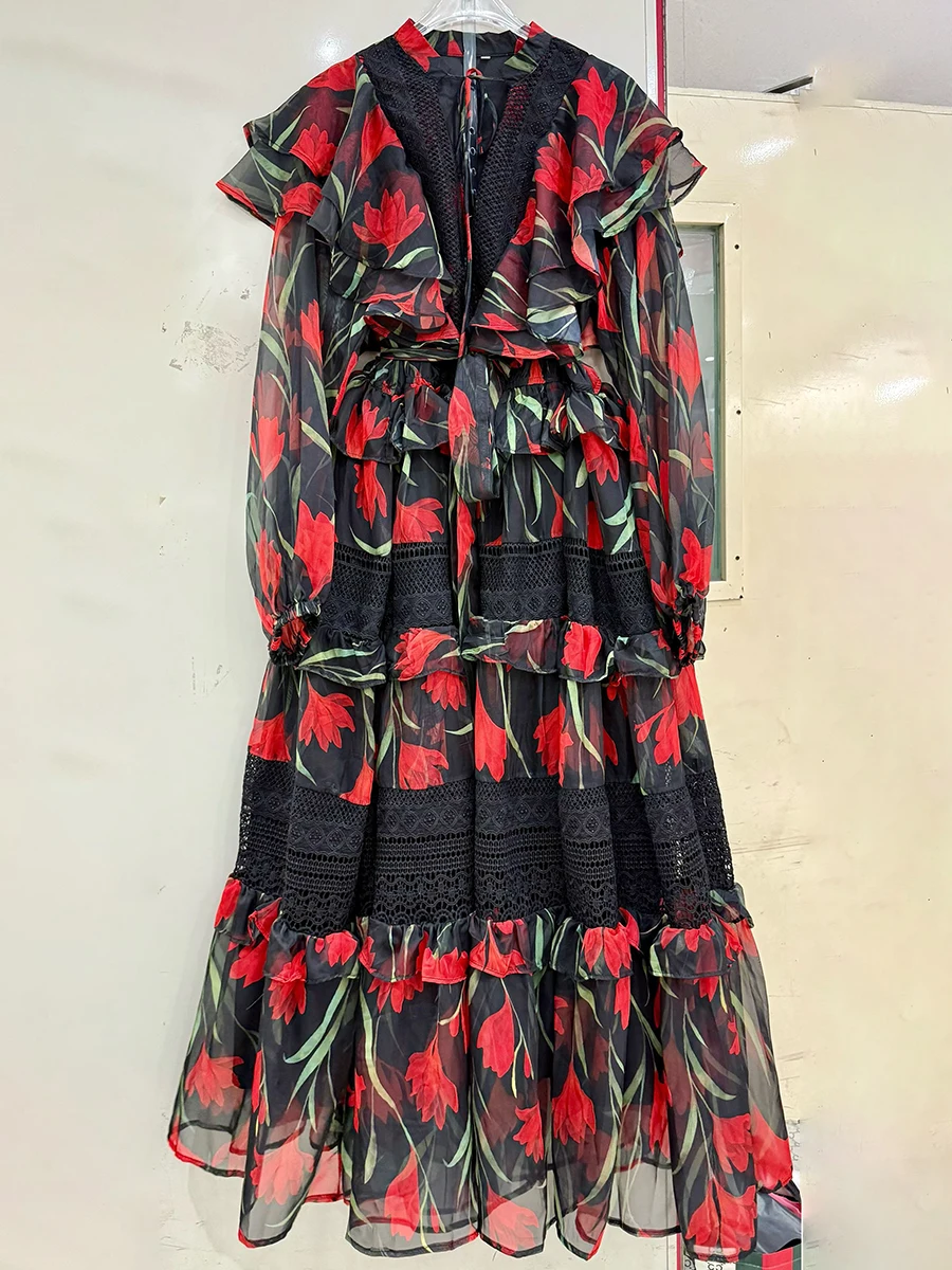 TWOTWINSTYLE Hit Color Printing Spliced Ruffles Casual Dresses for Women V Neck Long Sleves Sheer Patchwork Lace Dress Female