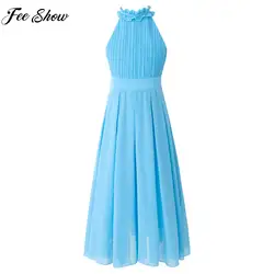 Teens Girls Elegant Party Dress Wedding Bridesmaid Clothing Sleeveless Pleated Chiffon Maxi Dress for Birthday Performance Prom