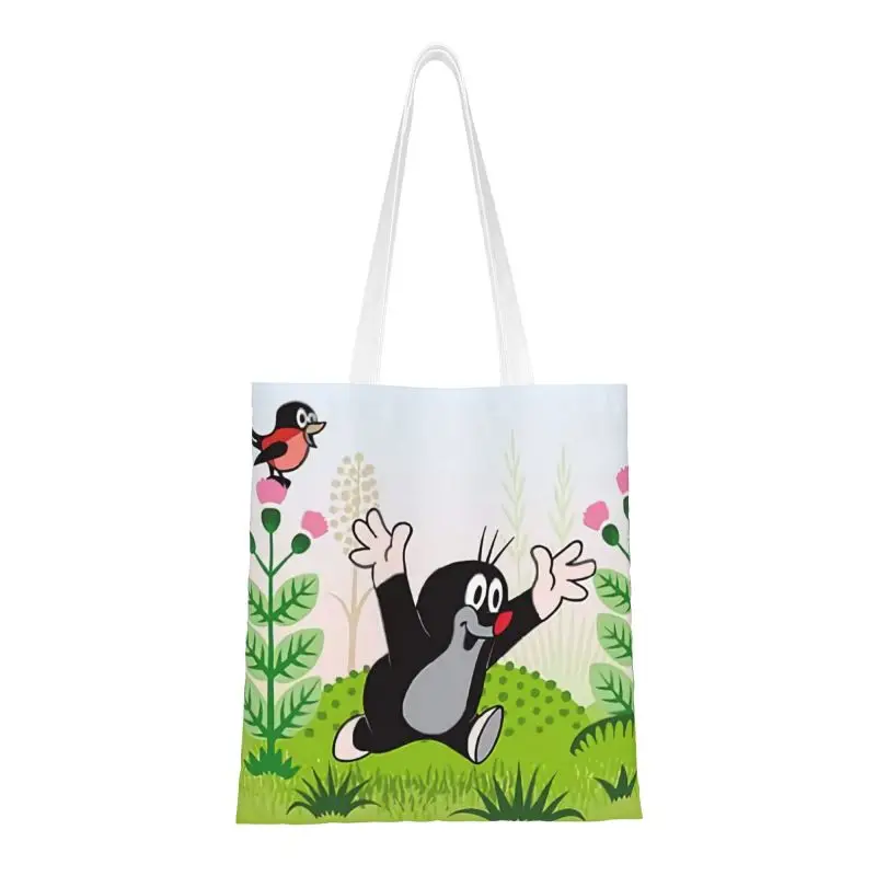 Happy Mole Cartoon Grocery Shopping Bag Custom Print Canvas Shopper Shoulder Tote Bags Durable Krtek Little Maulwurf Handbag