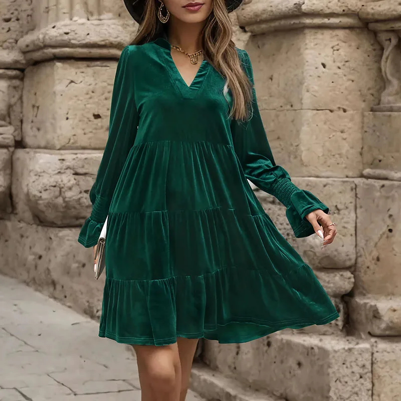 Benuynffy Notch Neck Solid Color Velvet Dress Women's 2024 New Autumn Winter Long Sleeve Loose Big Swing Ruffled Mini Dresses