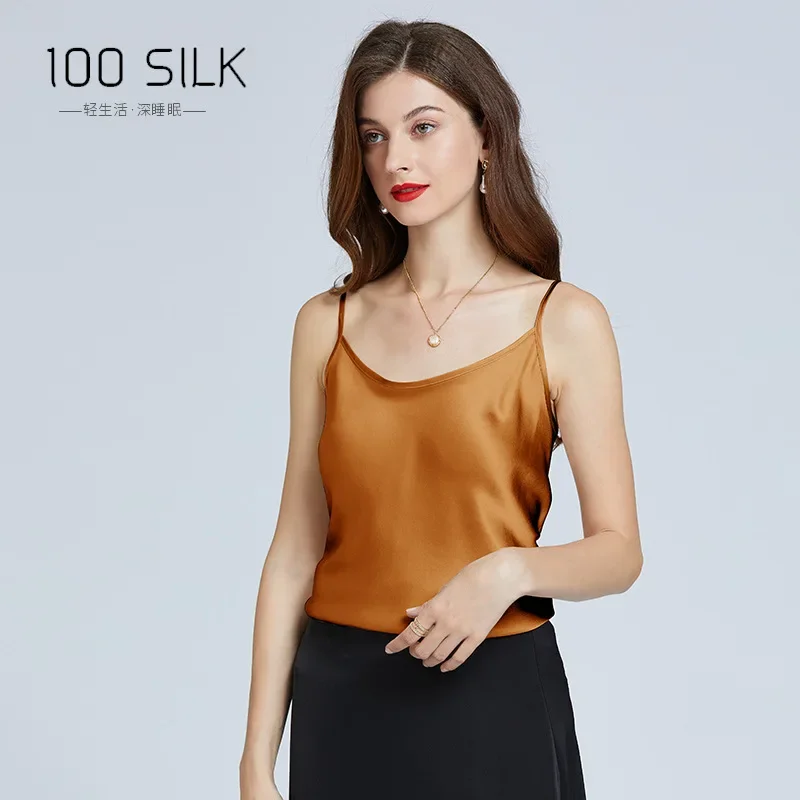 100% Silk Sling V-neck Camisole Women Base Inner Top Thin Straps Solid Camis Tank Tops Sleeveless Shirt Sling Female Satin Vest