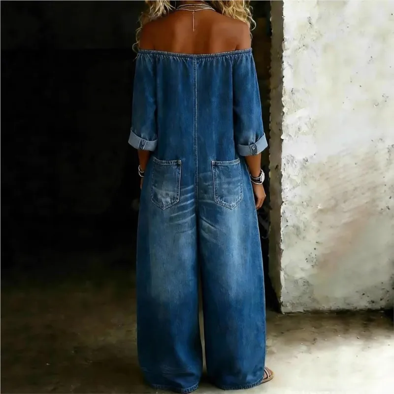 Fashion Retro Imitation Denim Jumpsuit for Women 2026 Summer Single-Breasted Off-shoulder Long Loose Jumpsuit Overall Pants