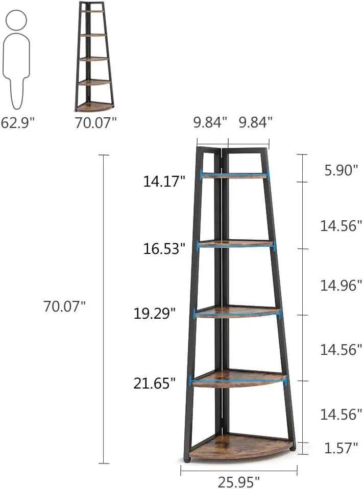 70 inch Tall Corner Shelf, 5 Tier Rustic Corner Bookshelf Bookcase Industrial Corner Ladder Shelf Plant Stand