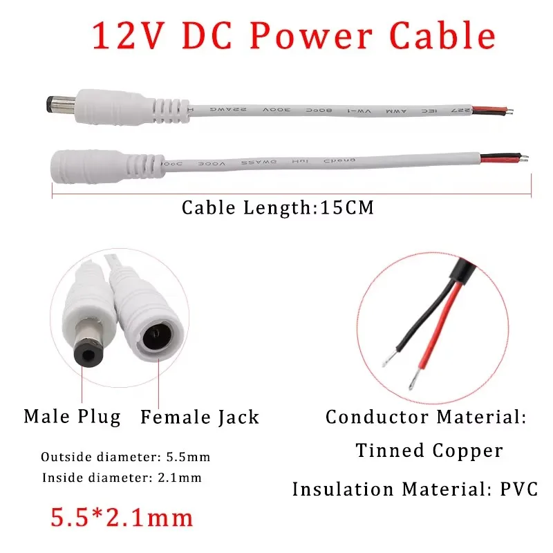 10 قطعة 5.5x2.1 مللي متر تيار مستمر ذكر أنثى التوصيل كابل الطاقة لحام موصل محول ضفيرة سلك ل كاميرا تلفزيونات الدوائر المغلقة LED قطاع