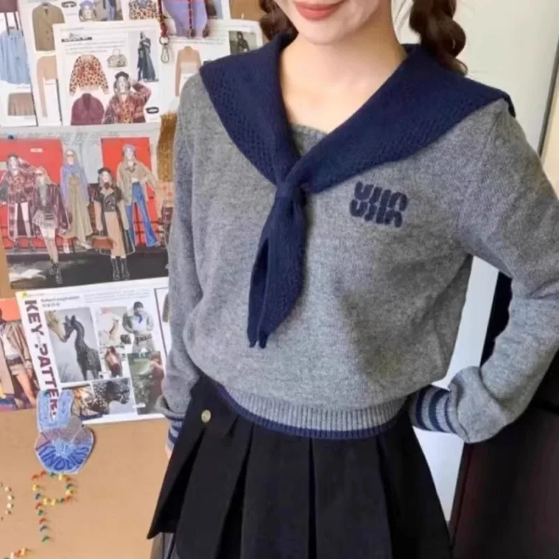 

Classic Letter Knitwear Splicing Shawl Sailor Collar Pullover Sweater Sweet Preppy Style Women Winter Jumper Tops Korean Fashion