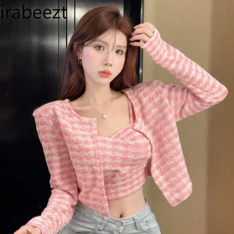 

Женский вязаный кардиган в клетку и топ-труба из 2 предметов - осенний комплект Y2K Coquette Sweet Spicy Outfit Вязаная куртка без рукавов на бретельках