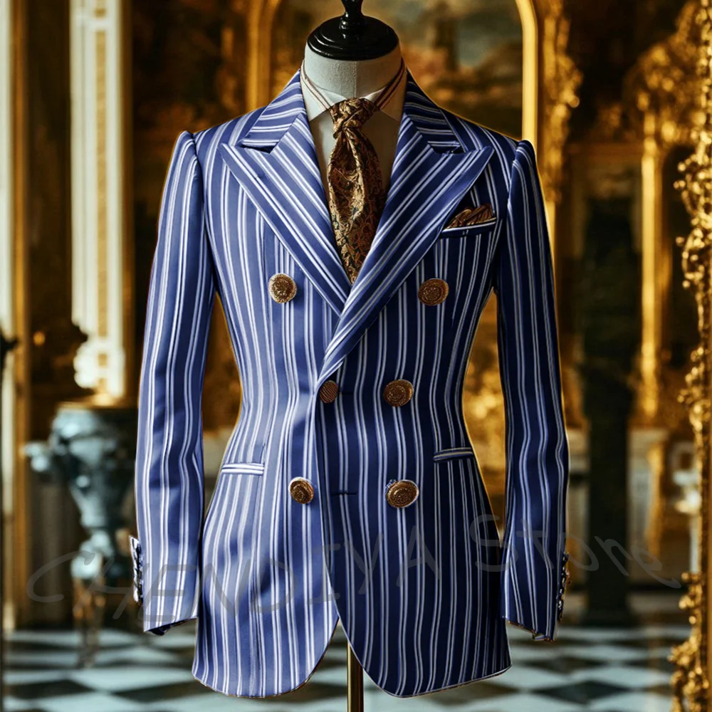 

Chic Striped Men's Suit Jacket Elegant Peaked Lapel Double Breasted Luxury Blazer Fashion Party Buisness Outerwear 1 Piece