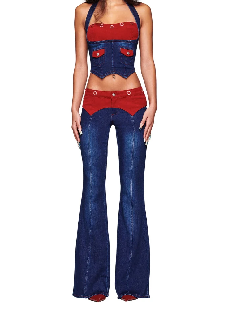 

Women's Denim Top Pant Sets 2 Pieces Square Neck Backless Jeans Crop Top Low Waist Big Leg Trousers 2026 Y2k Outfits Streetwears