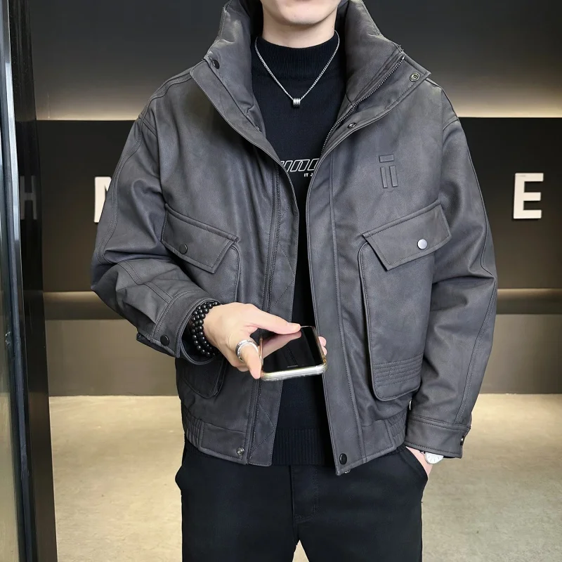 

Men's Thiened 90 down Leather Jaet Stand Collar Heavyweight White Du down Puffer Coat Sli Casual Ci Wear