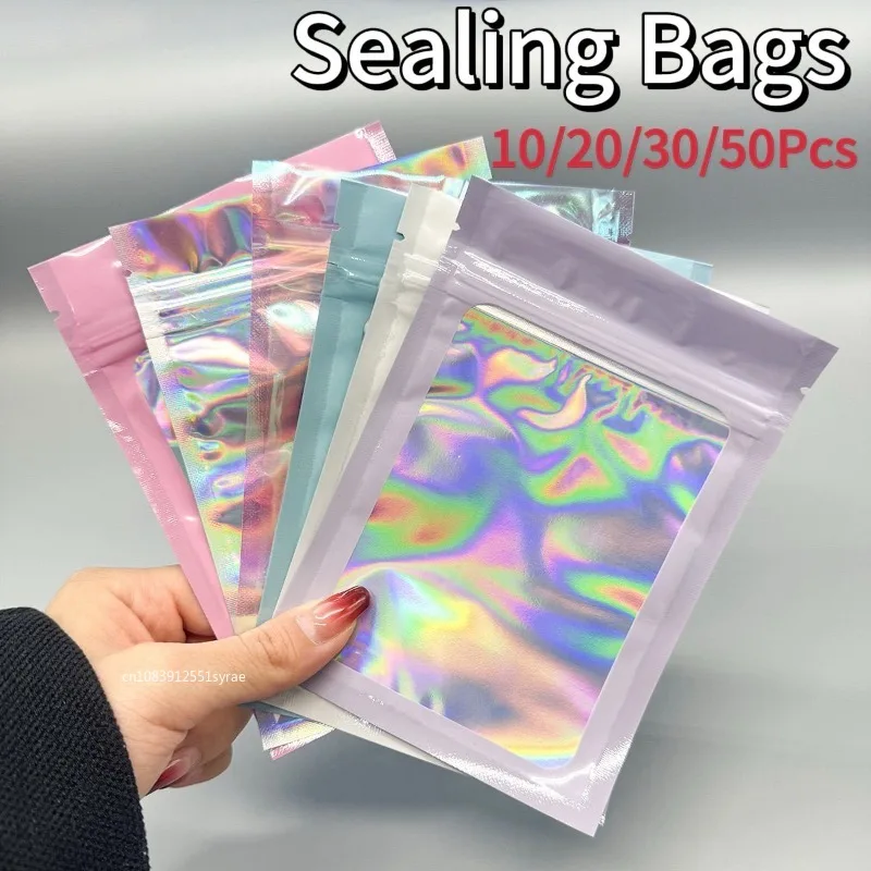 Bolsas Ziplock de 10/20/30/50 Uds., bolsas holográficas resellables de Color láser, bolsa de plástico para exhibición de joyería, bolsa de almacenamiento de regalo