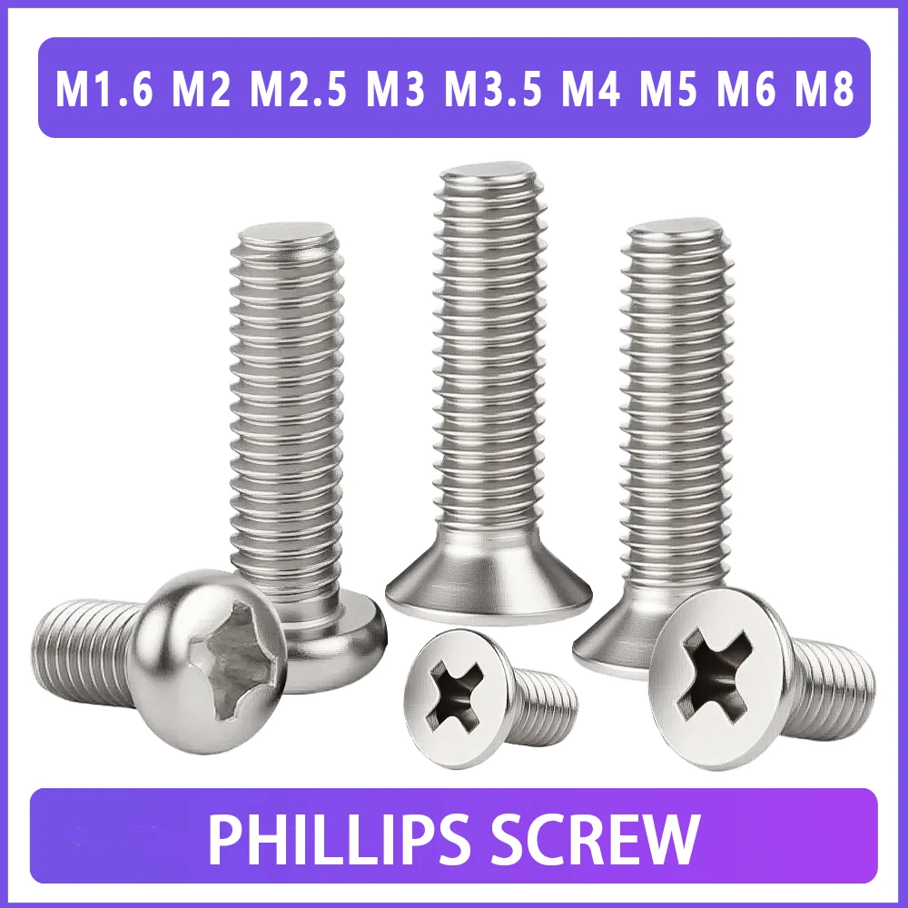 M1.6 M2 M2.5 M3 M3.5 M4 M5 M6 M8 Tornillo de cabeza Phillips empotrado en cruz de acero inoxidable para muebles de ordenador y TV