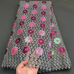 African Nigerian Tulle Lace Fabric, Embroidery Party Dress, Sequins, French Guipure Fabric for Sewing, High Quality, 5Yard, 2024