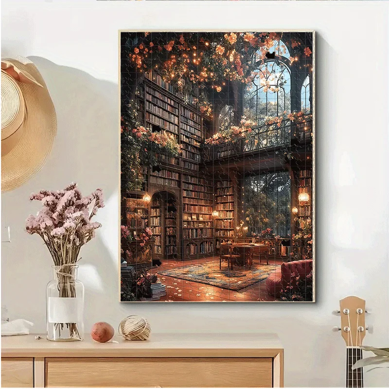 Library, Flowers, Chandelier, Table & Chairs, Books Puzzle 500pcs/1000pcs Adult Puzzle - Interactive Family Game, College Room