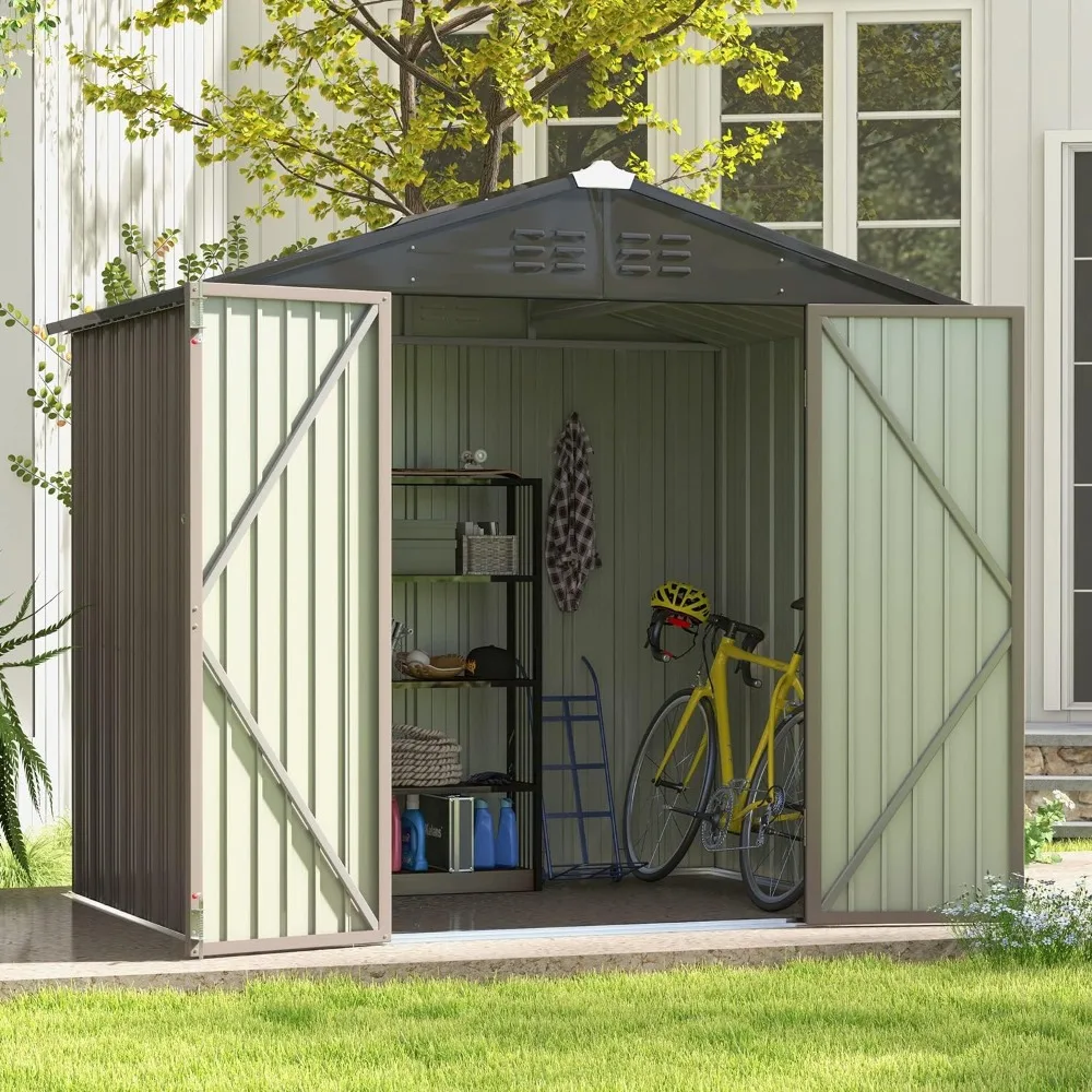 

8x6 FT Outdoor Storage Shed, Metal Tool shed & Outdoor Storage with Lockable Doors & Air Vents, for Backyard Garden Patio, Brown