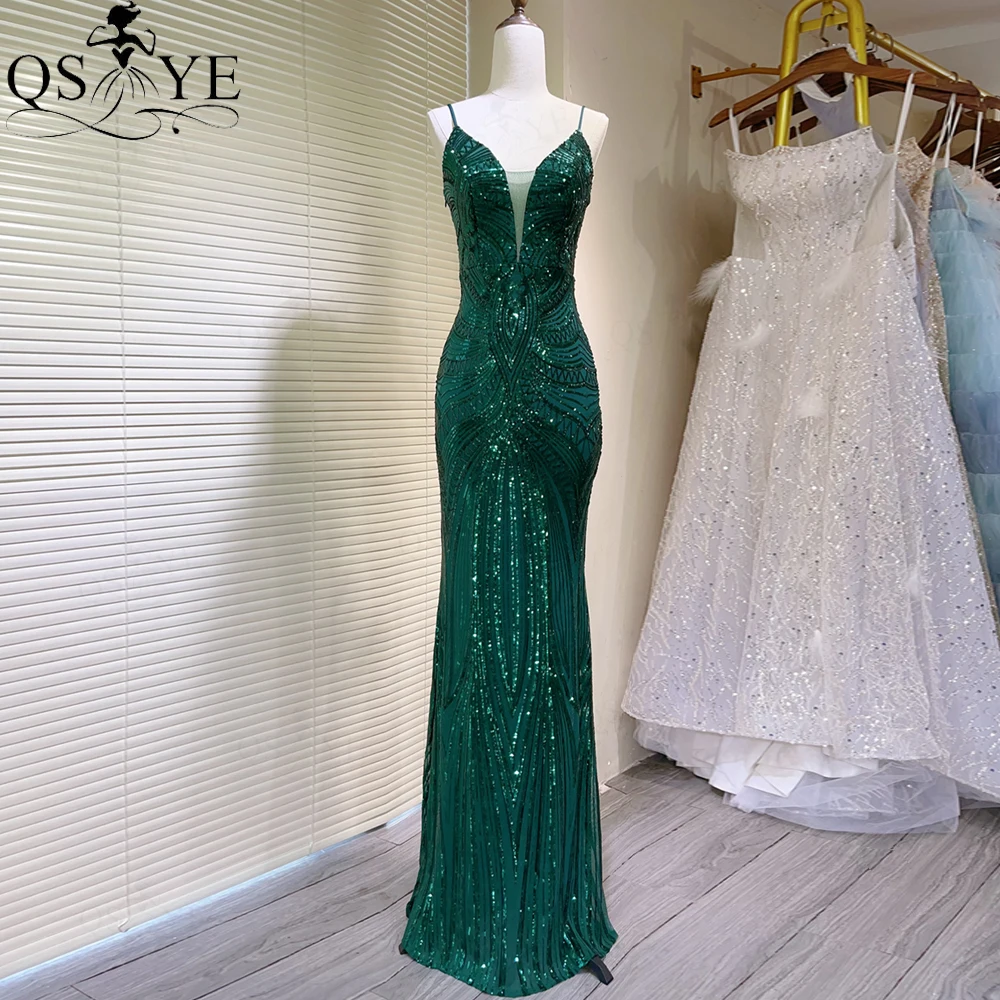 

Pattern Lace Sequin Emerald Prom Dresses Full Mermaid Evening Gown Party Spaghetti Straps V Neck Backless Fit Green Formal Dress