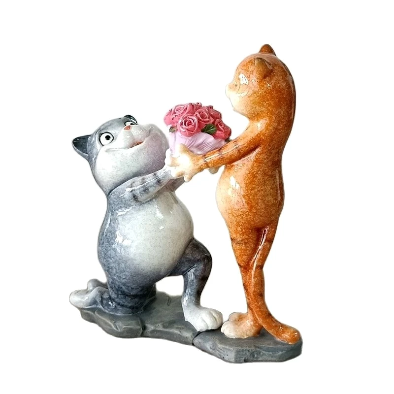 Romantic Marriage Proposal Kitty Figure Resin Couple Miniature Honey Wedding Decor Valentine's Day Gift Marry Ornament Craft