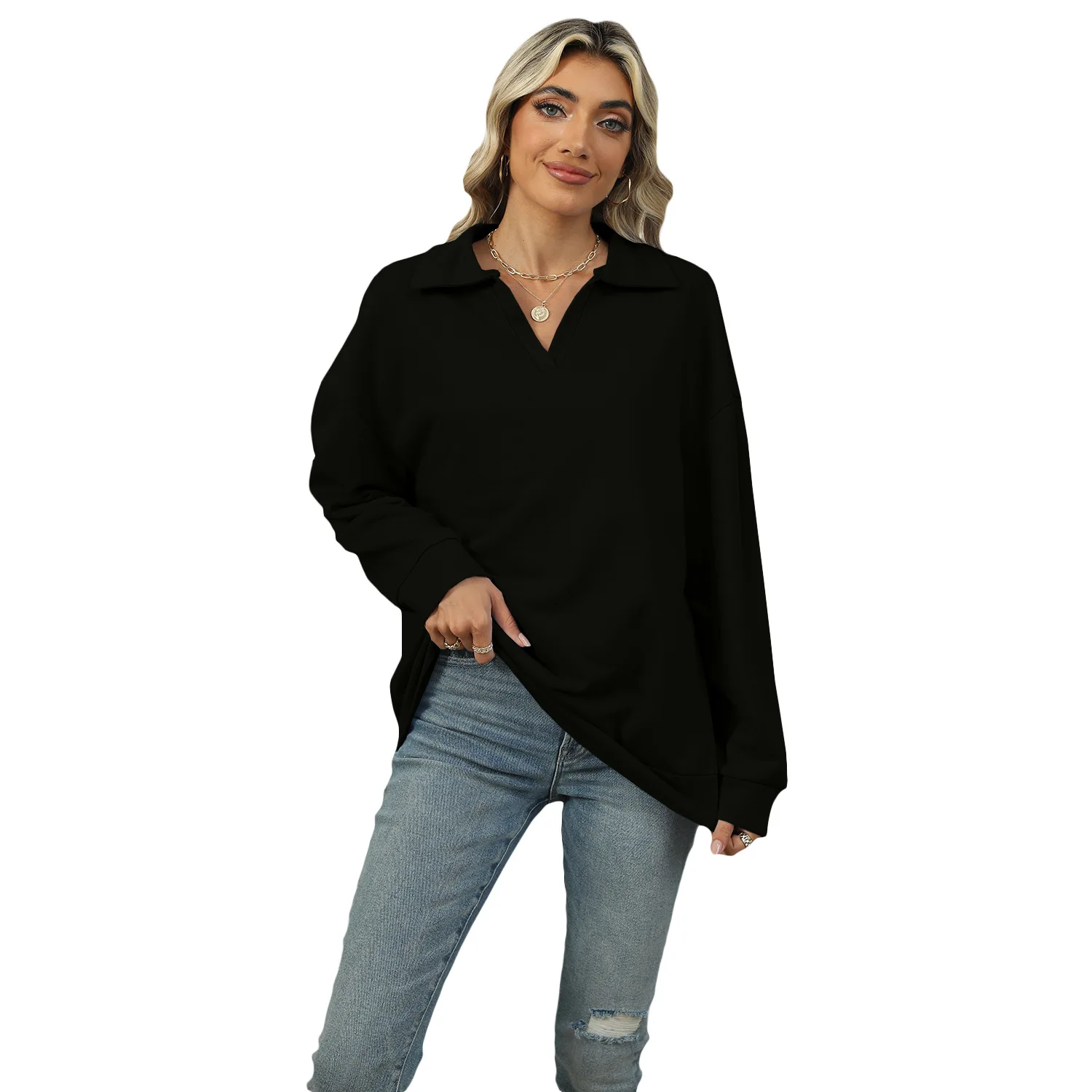 Women's Autumn Loose Hoodies Solid Color Lapel Turn-Down Collar Long Sleeve Sweatshirt Sport Pullovers Tops Female Clothing