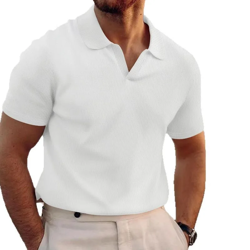 New Men's Summer Lapel T-Shirt Men's Heavy Waffle Oversize Solid Color Casual Short Sleeves Camisa Hawaiana Mens Shirt Blouse