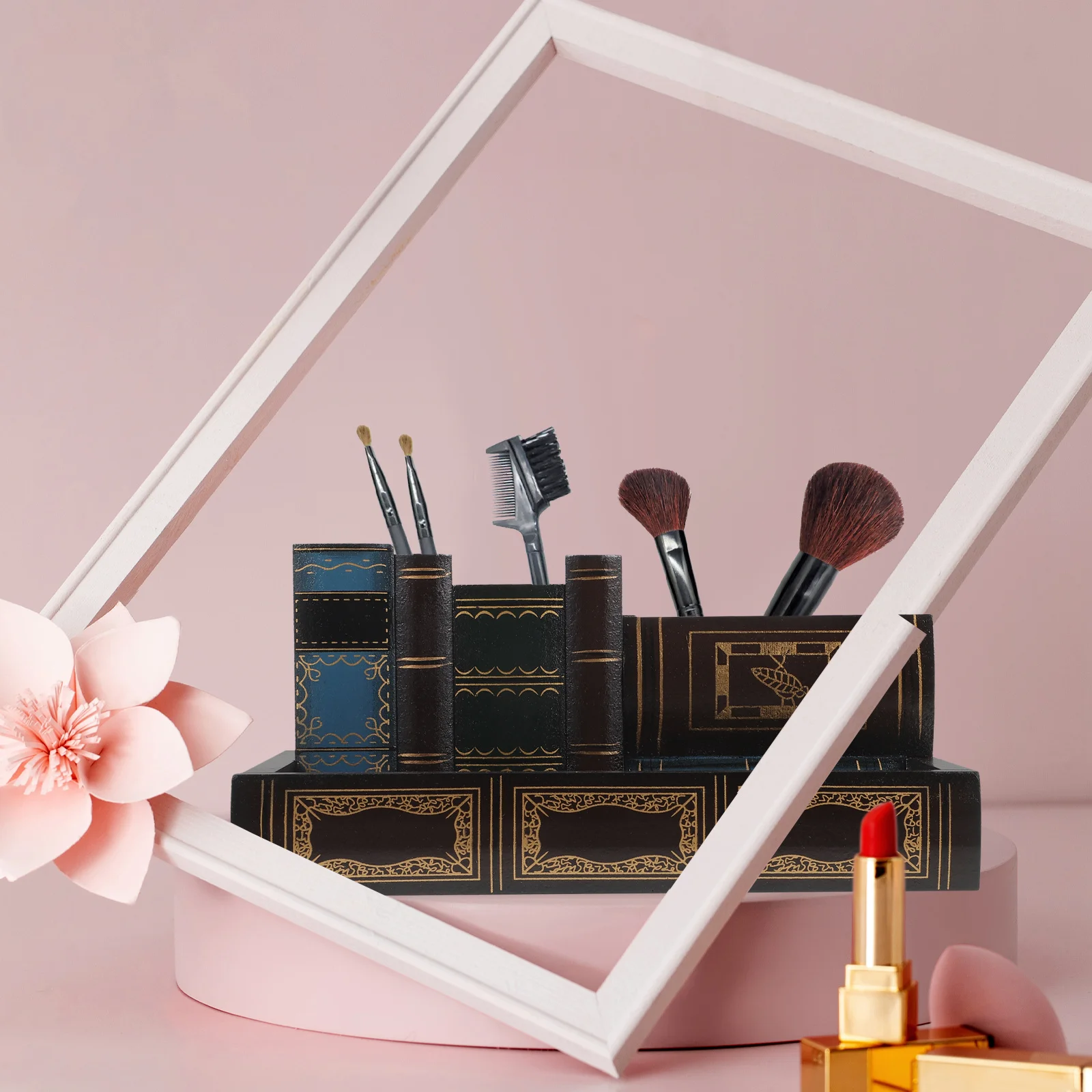 

Wooden Retro Book Style Pen Holder Compact Desktop Organizer Office Stationery Storage Pot Pen Holder Brush Pot