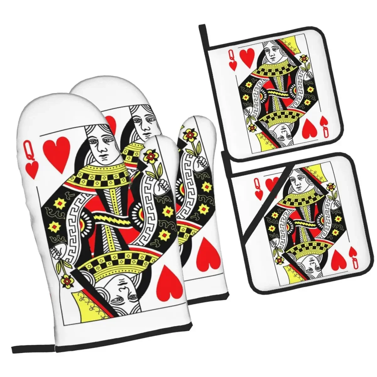 

Наборы из 4 рукавиц для духовки Queen Of Hearts и держателей для кастрюль для выпечки, кухни, приготовления пищи, устойчивых к барбекю нескользящих перчаток