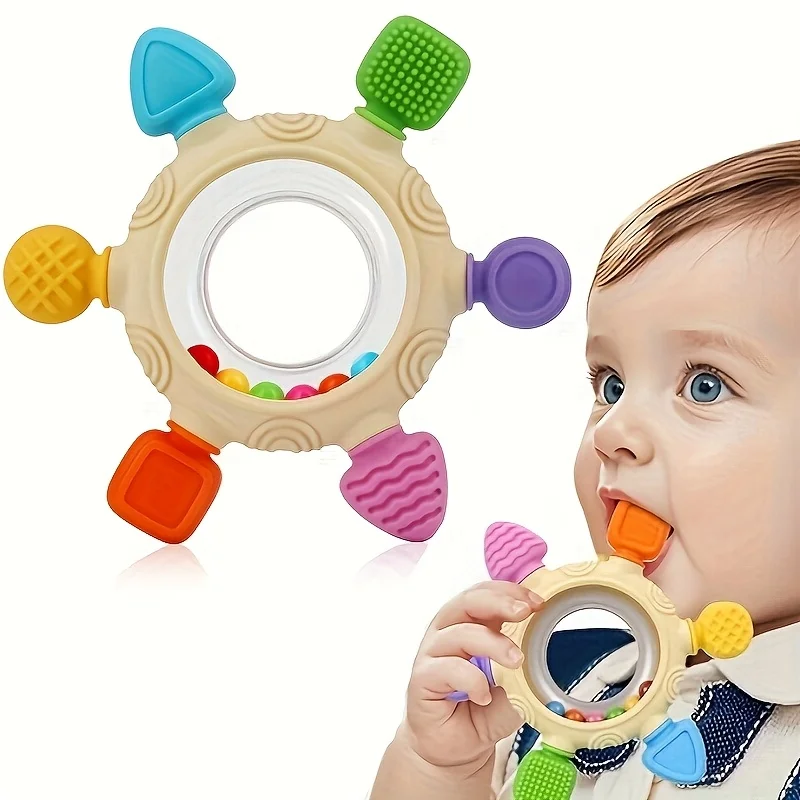 Silicone Rattle Teether Sensory Toy, Colorful Baby Fun Teething Rings Toy, Soft Chew Massage Gums Essentials for Newborn Infant