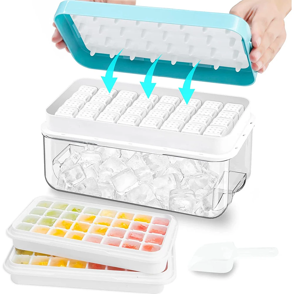 

LMETJMA Ice Cube Tray with Stackable 2 Ice Trays Silicone Ice Cube Molds with Storage Bin For Freezer 64 Nuggets KC0478