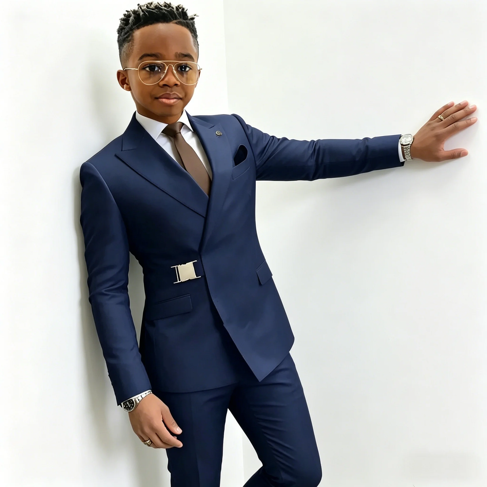 Classic Boys Suit Set with Metal Buckle Peaked Lapel Double Breasted Wedding Kids Suit Birthday Party Suit Outfit 2 Pieces